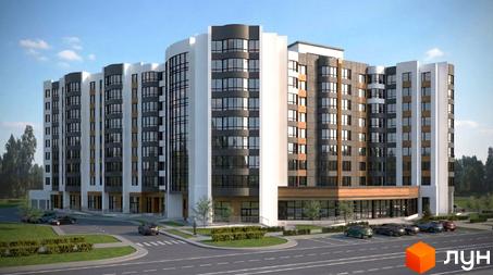 Житловий комплекс на вул. Героїв Дніпра, 34, з сучасним фасадом та прибудинковою територією, що включає парковку та зелені насадження.