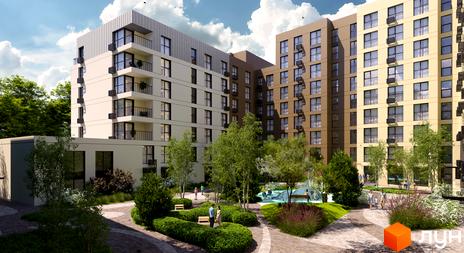 Житловий комплекс Sense City з різнокольоровими фасадами та балконами. У дворі облаштований зелений простір з деревами, доріжками та дитячим майданчиком.
