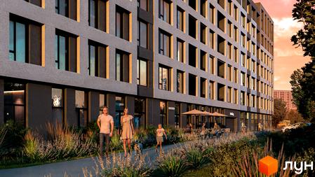 Житловий комплекс CONTINENT STREET з сучасним фасадом та прибудинковою територією, де гуляють люди та відпочивають на терасі.