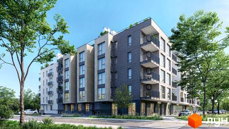 Житловий комплекс Eden Park: багатоповерховий будинок зі світлими та темними секціями фасаду, балконами та великими вікнами. Навколо розташовані дерева, зелені насадження та дорога.