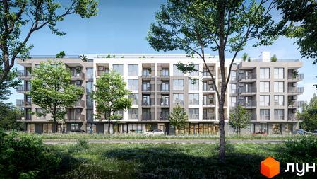 Житловий комплекс Eden Park: багатоповерховий будинок з балконами, комерційними приміщеннями на першому поверсі, оточений зеленню.