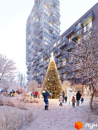Новобудова ЖК The TENTH House взимку з ялинкою та оленями. Прибудинкова територія з людьми та деревами в снігу.