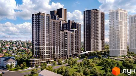 Зовнішній вигляд житлового комплексу Nordica Residence з високими темними та світлими будівлями, що оточені зеленою прибудинковою територією та сусідніми будинками.