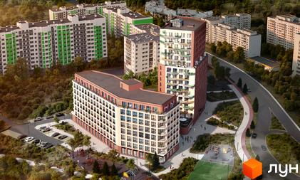 Житловий комплекс Величковського 7-Б з цегляним фасадом та балконами, оточений зеленими зонами та спортивним майданчиком.