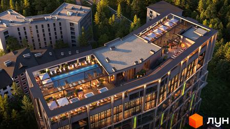 KARDAMON LIFESTYLE RESORT & SPA - апарт-комплекс з басейном та зонами відпочинку на даху. Зовнішній вигляд будівлі з панорамними вікнами та зеленою зоною.