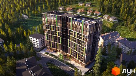 Апарт-комплекс KARDAMON LIFESTYLE RESORT & SPA з фасадом, декорованим зеленими та жовтими смугами, розташований серед лісу з іншими будинками та котеджами.