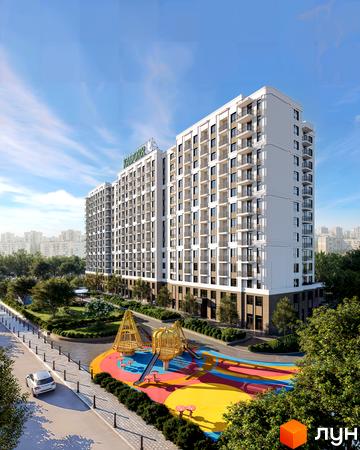 Житловий комплекс 70 Перлина: багатоповерхова будівля KADORR світлого кольору з балконами, прибудинкова територія з дитячим майданчиком.