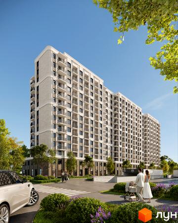 Житловий комплекс 70 Перлина - багатоповерхова новобудова з балконами та прибудинковою територією з пішохідним переходом та зеленими насадженнями.