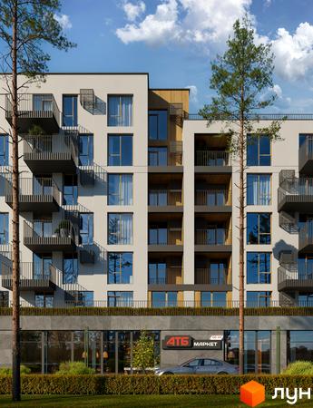 Житловий комплекс Шведський квартал з балконами та великими вікнами, перед ним зелені кущі та парковка з автомобілем.