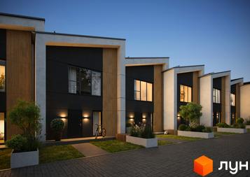 Сучасні таунхауси з дерев'яними та чорними фасадами, освітленням та доглянутою прибудинковою територією з газоном і рослинами.