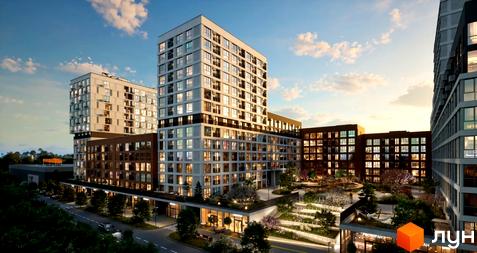 Житловий комплекс Свідомі: високі будинки зі світлими фасадами та великими вікнами. Озеленена прибудинкова територія з комерційними приміщеннями.