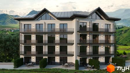 Апарт-готель Rich Stone Family Club з балконами та панорамними вікнами на тлі гірського пейзажу. Біля будинку облаштована зона відпочинку з терасою та кущами.