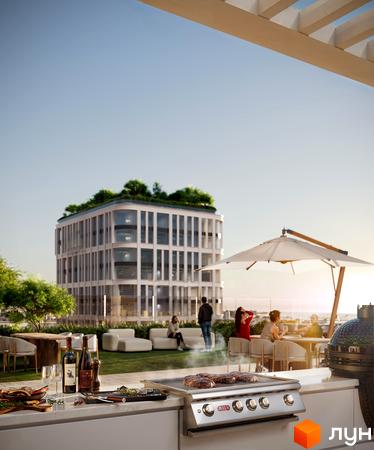 Новобудова БІОРИТМ: багатоповерхова будівля з округлими кутами та зеленим дахом. На даху облаштована тераса з зоною для барбекю та відпочинку.