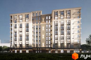 Зображення Житлового комплексу Молоді з багатоповерховим будинком світлого кольору, великими вікнами та освітленим фасадом. На передньому плані зелена трава та дерева.