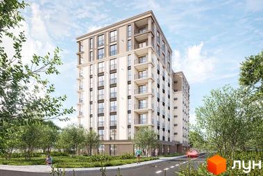 Житловий комплекс Молоді: багатоповерховий будинок світлого кольору з балконами та зеленою прибудинковою територією, де ростуть дерева та кущі.