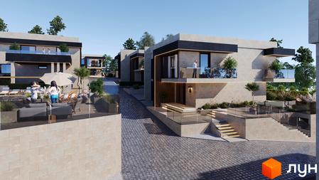 Котеджне містечко Alma Residence: двоповерхові будинки зі світлим фасадом, скляними балконами та брукованими доріжками. На території є зони відпочинку з меблями.