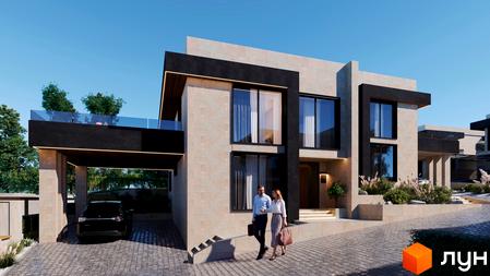 Котеджне містечко Alma Residence: багатоповерховий будинок з світлими стінами, темними акцентами та великими вікнами. Перед будинком вимощена доріжка та зелені насадження.