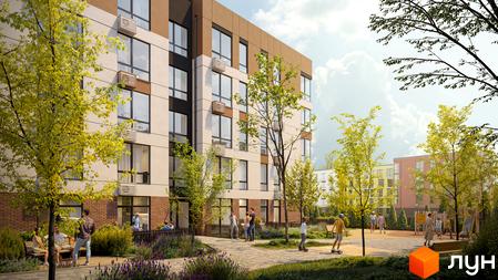 Зовнішній вигляд будинку ЖК SOFI HOUSE з цегляною кладкою та великими вікнами, поруч дитячий майданчик та зелена зона з деревами.