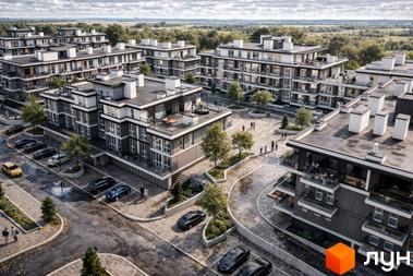 Зовнішній вигляд житлового комплексу ParkWill з сірими фасадами та білими елементами, балконами та парковкою. Навколо комплексу розташована зелена прибудинкова територія з деревами та доріжками.