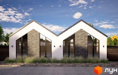 Котеджне містечко Місто Своїх: фасад будинку з білими стінами, гострокутним дахом, великими вікнами та сірою цеглою. Прибудинкова територія з травою та бруківкою.