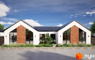 Котеджне містечко Місто Своїх: білий будинок з двома гостроверхими секціями, темним дахом та цегляними вставками. Перед будинком зелені насадження та бруківка.