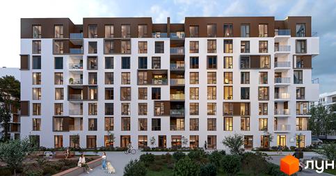 Житловий комплекс CONTINENT MODERN з білими фасадами, коричневими елементами та балконами. На прибудинковій території розташовані зелені насадження, лавки та доріжки.