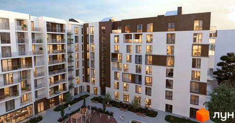 Будівельний проєкт CONTINENT MODERN - це багатоповерхові будинки з балконами та великими вікнами, що виходять на внутрішній двір з дитячим майданчиком та зонами відпочинку.