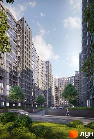 Житловий комплекс Прохоровський квартал з вигнутими фасадами та скляними балконами, зелена прибудинкова територія з деревами та доріжками.