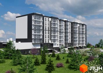 Житловий комплекс ТИSHA має багатоповерховий будинок у чорно-білих тонах з великими вікнами та озеленену прибудинкову територію з деревами та кущами.