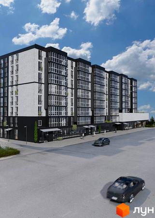 Житловий комплекс ТИSHA: багатоповерховий будинок з білим фасадом, темним цоколем та великими вікнами. Поруч дорога, тротуар з пішоходами та зелень.