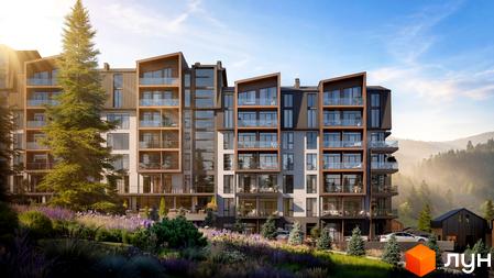 Житловий комплекс GRONO Family Residence: багатоповерхові будинки з панорамними вікнами та балконами. Прибудинкова територія озеленена, на фоні лісисті гори.