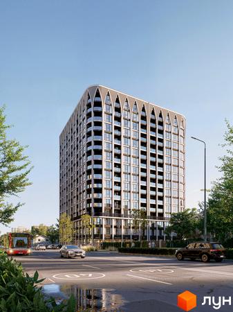Житловий комплекс Lake Park з арковими елементами на фасаді та балконами, розташований біля дороги з автомобілями та деревами.
