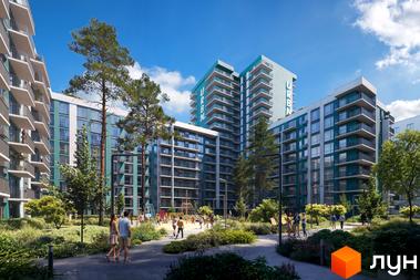 Житловий комплекс URBN: висотні будинки бірюзового та білого кольорів з балконами. Доглянутий двір з деревами, дитячим майданчиком та доріжками.