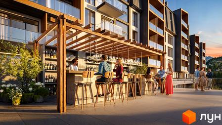 Житловий комплекс GRONO Family Residence має фасади світлих та темних кольорів. На прибудинковій території розташований відкритий бар з дерев'яною перголою та зоною відпочинку.