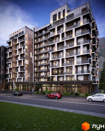 Зовнішній вигляд житлового комплексу Logos Home Apartment з фасадами з бетону та скла, балконами та освітленням. Навколо зелена зона та дорога з автомобілями.