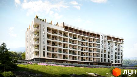Багатоповерховий житловий комплекс WOL. Home. Karpaty з білим фасадом, численними балконами та дерев'яними елементами, розташований на зеленому схилі.