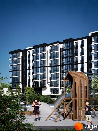 Житловий комплекс ТИSHA з чорно-білим фасадом та великими вікнами, дитячим майданчиком та зеленими насадженнями.