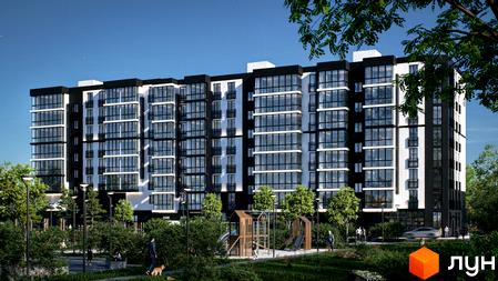 Житловий комплекс ТИSHA - багатоповерховий будинок з чорно-білим фасадом та великими вікнами, поруч дитячий майданчик та зелена зона.