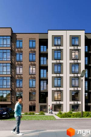 Житловий комплекс Комфортне містечко Residence. Зовнішній вигляд будинку з цегляним та білим фасадами, вікнами та балконами. Прибудинкова територія з зеленню та дорогою.