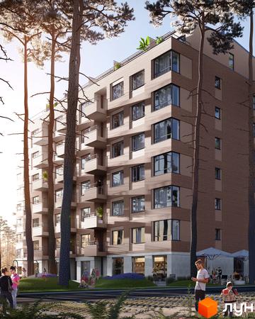 Житловий комплекс Wellness Park з фасадами з цегли та балконами, оточений деревами та з прибудинковою територією з дитячим майданчиком та зонами відпочинку.