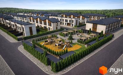 Olympic Village Tarasivka: таунхауси з темними дахами та світлими фасадами, дитячий майданчик та зелені зони.