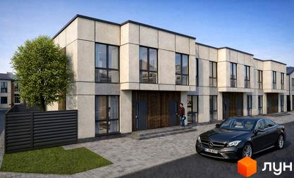 Таунхауси Olympic Village Tarasivka: ряд двоповерхових будинків зі світлими фасадами та великими вікнами. Перед ними бруківка, зелений газон та чорний автомобіль.