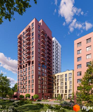 Житловий комплекс City House з рожевими та жовтими фасадами, балконами та зеленим подвір'ям. Сучасна архітектура новобудови.