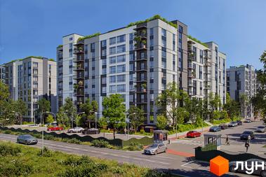 Новобудова Park Residence з багатоповерховими будинками та балконами, що потопають у зелені. Навколо комплексу розташовані дерева та доглянута прибудинкова територія.