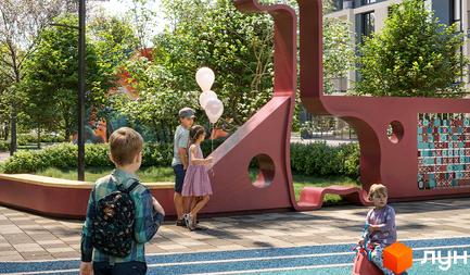 Житловий комплекс Comfort Park 2: діти граються на дитячому майданчику біля будинку. Сучасний дизайн дитячої зони та зелена територія.