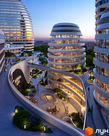 БФК INTERGAL CITY: футуристичні будівлі з панорамним склінням та затишна прибудинкова територія з ландшафтним дизайном.