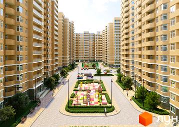 Новобудова RealPark з жовтої цегли та балконами, упорядкована прибудинкова територія з дитячими майданчиками та зонами відпочинку.