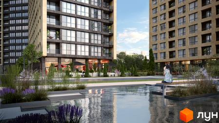 Житловий комплекс Greenville на Печерську: будівлі з великими вікнами та терасами, навколо яких розташовані зелені зони з водоймою та місцями для відпочинку.