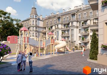 Клубний будинок „Консул“ з дитячим майданчиком та зеленими зонами. Фасад будівлі оздоблений цеглою та має балкони з кованими решітками.