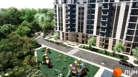 Житловий комплекс Авеню 42: багатоповерховий будинок з балконами та великими вікнами, поруч дитячий майданчик та зелена зона.